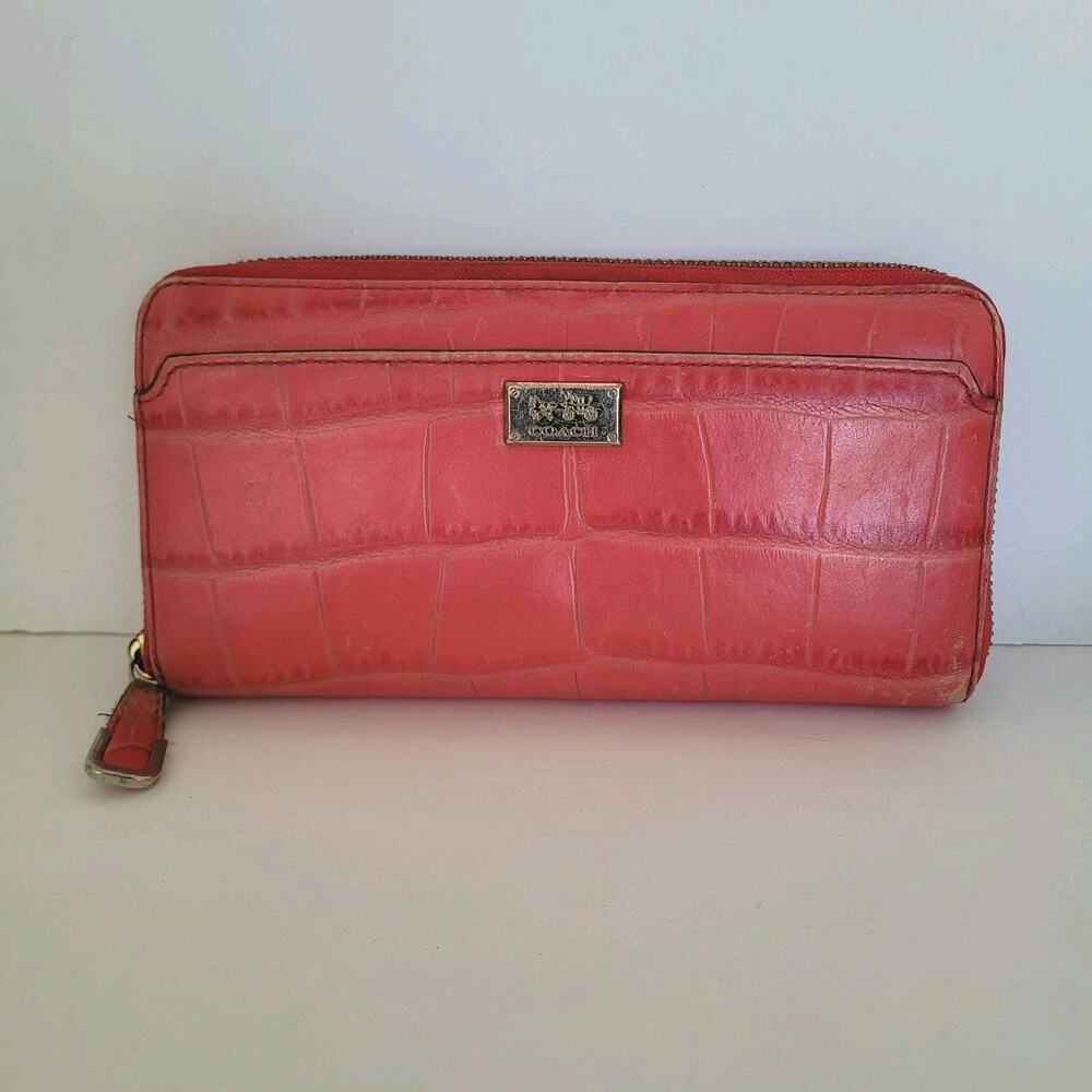 Coach Leather Wallet Croc Salomon Red Zip Around Large Clutch Geniue Leather